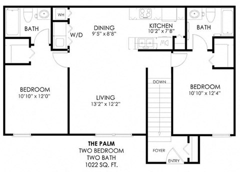 Floor plan for 2 beds, 2 baths, 1022 sqft